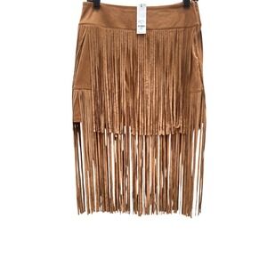 Francescas Brown Faux Suede Tiered Fringe Mini Skirt Western Boho Cognac Small